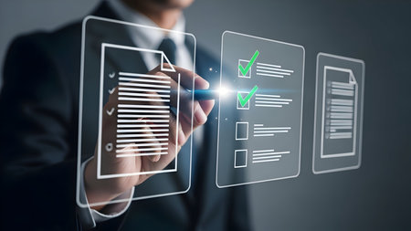 Businessman interacting with futuristic holographic interface displaying data and analytics reportsの素材