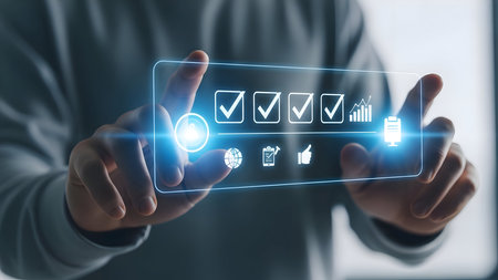 Hands interacting with a digital interface displaying network connection and data flowの素材