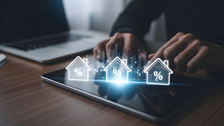 Hands interacting with a digital tablet displaying glowing house icons over a deskの素材