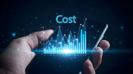 Hand holding a digital display showing a cost analysis graph with rising dataの素材
