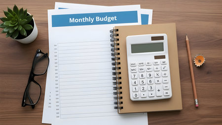 Financial planning concept with budget notebook calculator and small succulent plantの素材