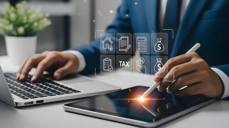 Business professional analyzing data on laptop with holographic financial charts displayedの素材