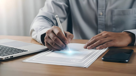 Business professional writing in a notebook with a laptop and smartphone nearbyの素材