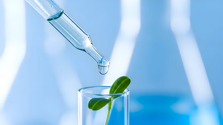 Dropping liquid into a test tube with a green leaf inside laboratory settingの素材