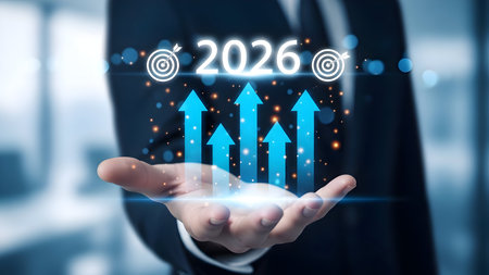 Business professional presenting a futuristic vision of growth and success for the year 2026の素材