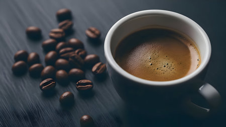 Dark chocolate truffles and a cup of coffee on a moody black surfaceの素材