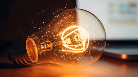 Vintage edison light bulb glowing warmly against a blurred modern office backgroundの素材