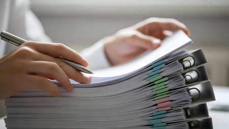 Hands writing on paperwork with a pen over a stack of documents in an officeの素材