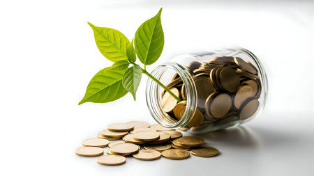 Small plant growing from coins inside a glass jar symbolizing financial growthの素材