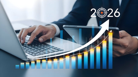 Business professional working on laptop with financial growth chart and 2026 forecastの素材