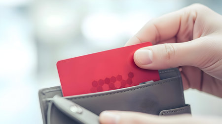 Hand inserting a red credit card into a black leather wallet for paymentの素材