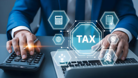 Digital tax concept with hands typing on laptop and glowing interface elementsの素材