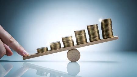 Financial risk and balance concept with stacks of coins on a seesawの素材