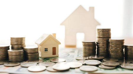 Stacks of coins forming a house shape representing financial investment and home ownershipの素材