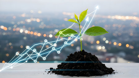 Young plant growing from soil with digital network connections in blurred cityscapeの素材