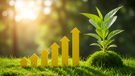 Golden arrows rising from lush green moss symbolizing growth and positive financial trendsの素材