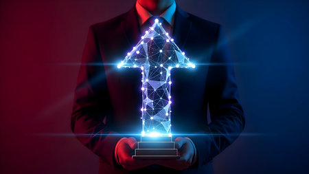 Futuristic business professional with a glowing digital arrow rising from their handsの素材