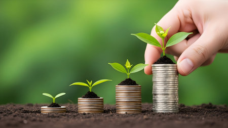 Hand nurturing a small plant growing from stacks of coins symbolizing financial growthの素材