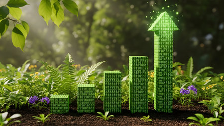 Futuristic green city growing from lush forest blending technology with nature and sustainabilityの素材