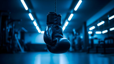 Boxing glove hanging in a dark gymの素材