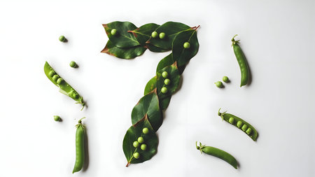 Fresh green peas arranged artistically on white backgroundの素材