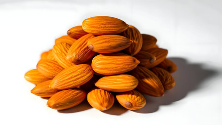 Pile of almonds on white surfaceの素材