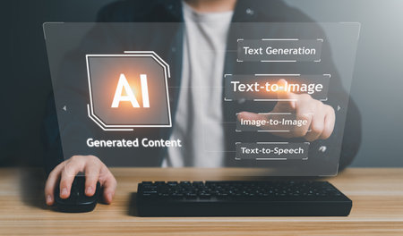 AI, Artificial Intelligence, AI generated content Concept. Artist Man using AI Art to generate image content. Text to image command prompt generates, technology Business, futuristic transformation.の素材