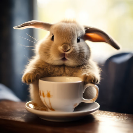 A Cute Rabbit Drink Tea from English cup on home background. A cheerful cute Bunny drinking coffee from mug, Postcard for the New Year holidays.の素材