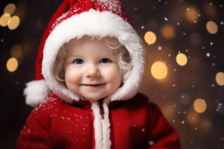 Little happy girl with Christmas Santa's hat, concept of Christmas and new year, with snow and bokeh backgroundの素材
