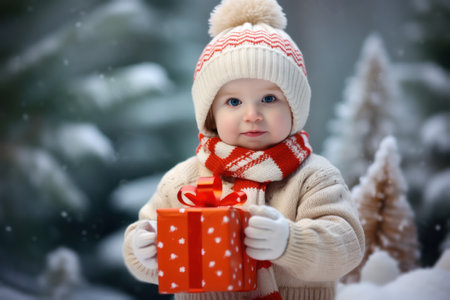 Small cute Happy child smile opening Christmas presents, gift box with red ribbon, giving receiving presents Xmas with winter Christmas tree bokehの素材