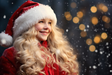 Beautiful happy girl or women with Christmas Santa's hat, concept of Christmas and new year, with snow and bokeh backgroundの素材