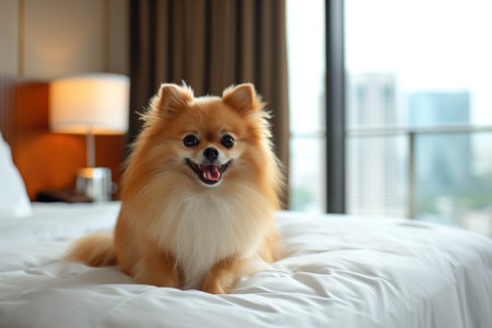 Adorable Pomeranian dog sitting on a white bed with a blurred city skyline in the background.の素材