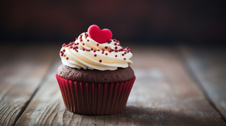 Valentine's Cupcake with Heart-Shaped Topper on Rustic Wooden Table, Romantic Sweet Treat for Valentine Love Celebrationの素材