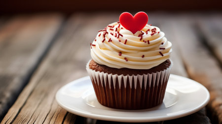 Valentine's Cupcake with Heart-Shaped Topper on Rustic Wooden Table, Romantic Sweet Treat for Valentine Love Celebrationの素材