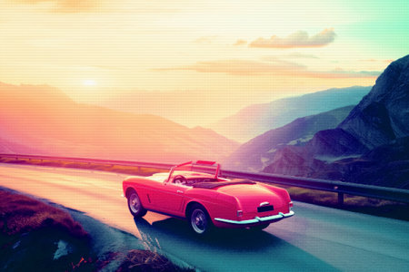 Pixel Art Illustration of a Classic Vintage car with landscape on Mountain Road at sunset, Retro Color, Video Game Pixelart, trip, vacation, travel, journeyの素材