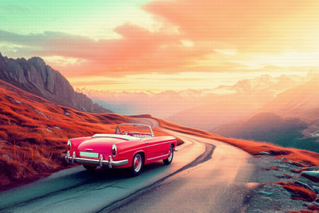 Pixel Art Illustration of a Classic Vintage car with landscape on Mountain Road at sunset, Retro Color, Video Game Pixelart, trip, vacation, travel, journeyの素材