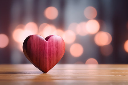 Wooden Heart on Table, Soft Bokeh Lights Creating a Warm Romantic Atmosphere, Valentine's Day and Love Themesの素材