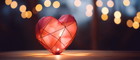 heart shaped lamp on Table, Soft Bokeh Lights Creating a Warm Romantic Atmosphere, Valentine's Day and Love Themesの素材