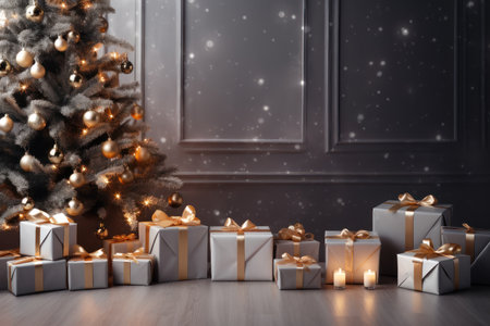 gift box on table with blur Christmas tree and golden festive bokeh light golden, christmas and new year backgroundの素材