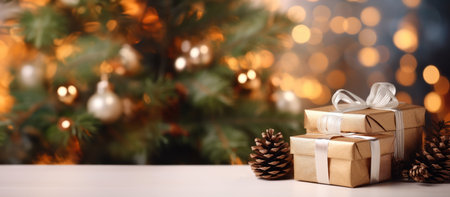 christmas and new year background, gift box on table with blur Christmas tree and golden festive bokeh light golden festive pine conesの素材