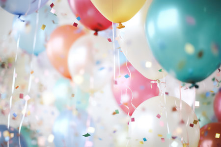 Colorful Christmas party balloons and glitter invitation for With bokeh background, Birthday Celebration flying balloon, confetti, ribbons. Event decoration. New year eve. Copy spaceの素材