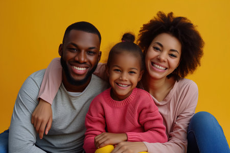 Happy family with a child smiling together against a vivid yellow background, close-up portrait, lovely cheerful Parents cheery kind tender sweet person having fun weekend holiday mommy daddy dayの素材