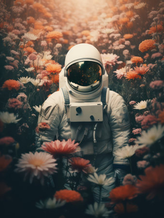 A Journey Through the Universe. astronaut middle of flower garden. Spaceman exploring nature, standing in meadow, waving beautiful flowers on a mesmerizing alien planet. concept of space travel.の素材