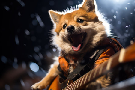 A Chihuahua Dog with sunglasses playing guitar on the stage of the concert hall. Talented dog, professional musician performing, music, hobby, festival, modern art collage. Rock Star, rock'n rollの素材