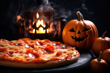 Pepperoni pizza, Homemade, Halloween concept. Close-up view photography of Delicious and tasty Italian Pizza with malt mozzarella cheese tomatoes. Halloween pumpkin candle lantern cinematic scene.の素材