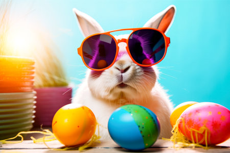 Joyful Easter Bunny with sunglasses looking out from garden with easter eggs. Cute happy rabbit at park with colorful easter eggs. Happy Easter celebration, spring, festival, event. Generative AIの素材
