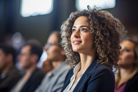 Close up Portrait of young Businesswoman attending a leadership business conference, listening to Motivational inspiring confident speakers and gaining insights into effective practices Event.の素材