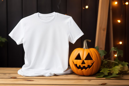 White women men kids t-shirt mockup with Halloween pumpkin decorate on clothing store shop background. Halloween Design t shirt template, POD, Print on demand, print presentation tee mock up.の素材