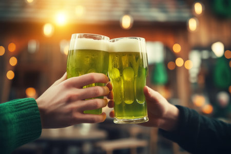 Friends Toasting with Frothy Green Beers, Cheers to the Irish Spirit, Illuminated Pub Ambiance, St. Patrick's Day Festive celebrationの素材