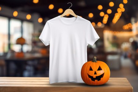 White women men kids t-shirt mockup with hanger, Halloween pumpkin decorate on clothing store shop background. Halloween Design t shirt template, POD, Print on demand, print presentation tee mock up.の素材